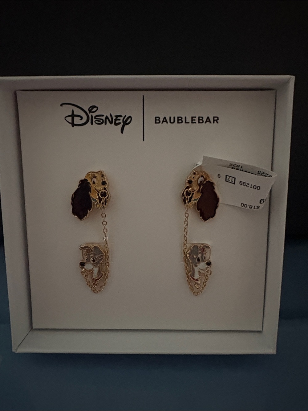 BaubleBar Gold Tone Lady & Tramp Dangle Earrings with Brown and Cream Enamel